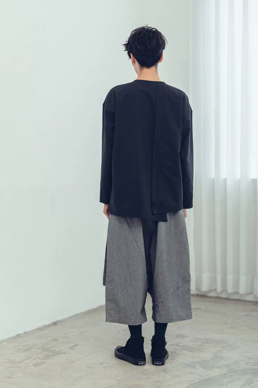 減制 圓領側門襟長袖上衣(黑/灰) Organic Cotton & Recycle