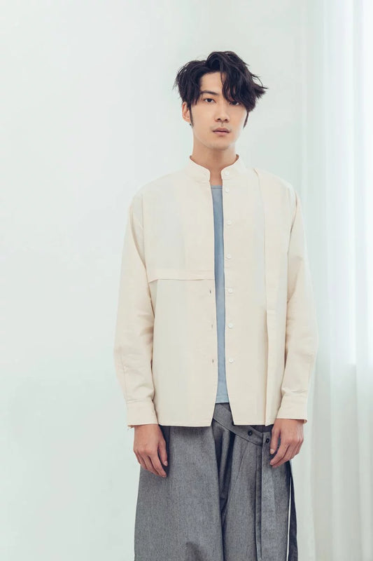 ミラーリフレクションアシンメトリースタンドカラーシャツ（オリジナル）オーガニックコットン＆リサイクル