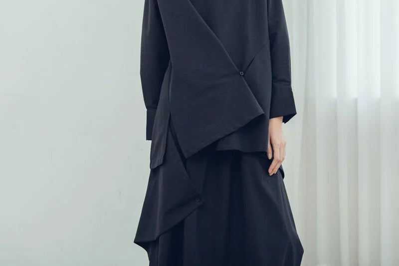 Fold-front long-sleeved top (black/grey) Organic Cotton & Recycle