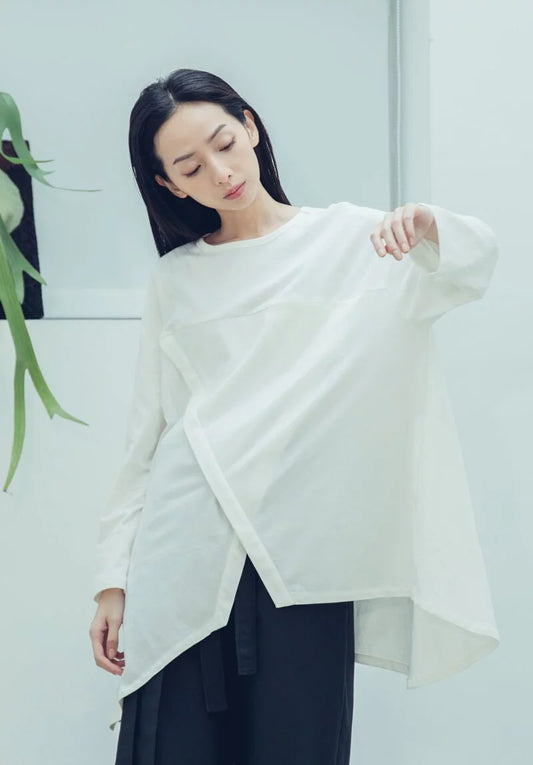 共生 剪裁長袖上衣(黑/白) Organic Cotton