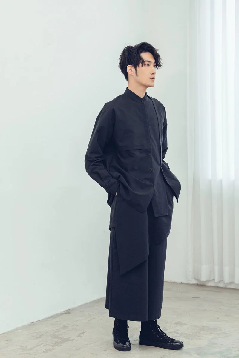 Mirror Reflection Asymmetrical Stand Collar Shirt (Black/Grey) Organic Cotton & Recycle