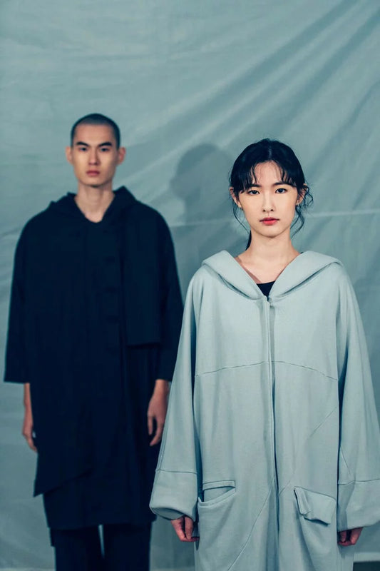 交錯 連帽長版大衣 (灰) Organic Cotton