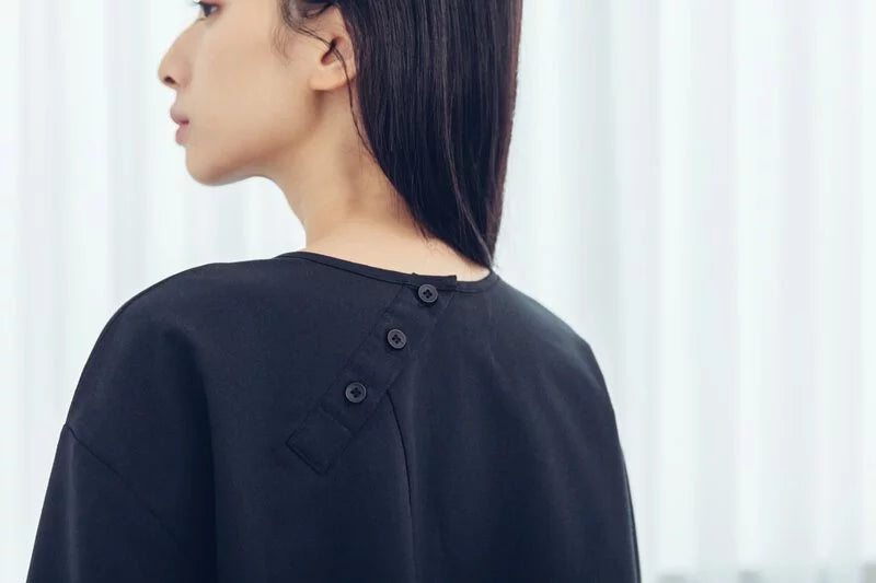 Fold-front long-sleeved top (black/grey) Organic Cotton & Recycle