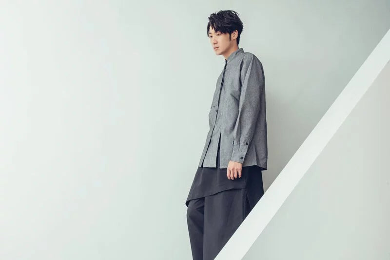 Mirror Reflection Asymmetrical Stand Collar Shirt (Black/Grey) Organic Cotton & Recycle