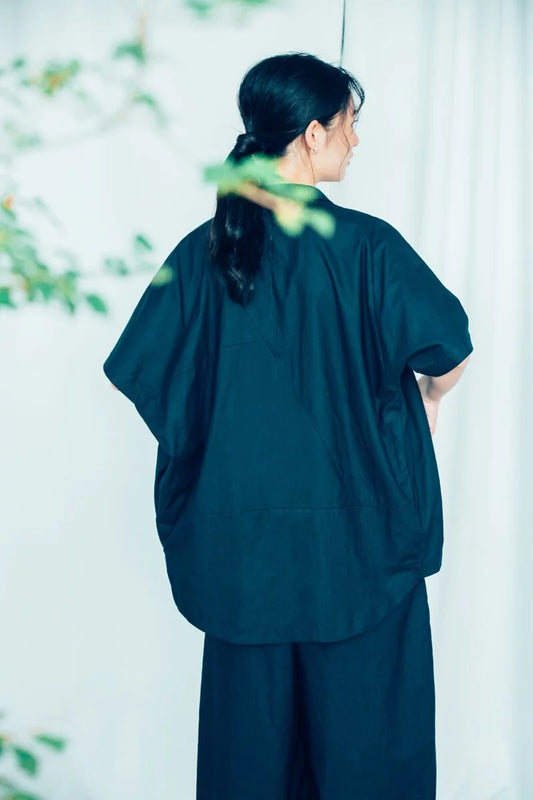 幾何定律 斜領短袖襯衫 (黑/灰) Organic Cotton & Recycle