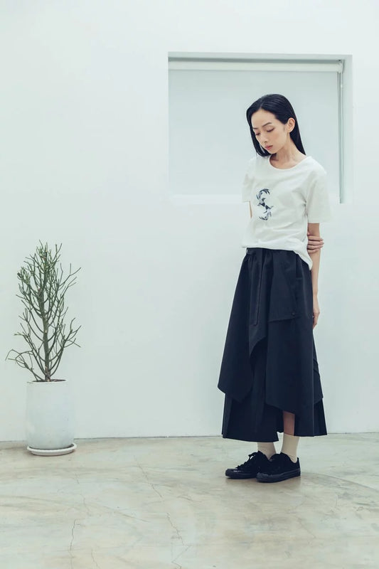 圓舞曲 寬百褶綁帶裙(黑) Organic Cotton & Recycle