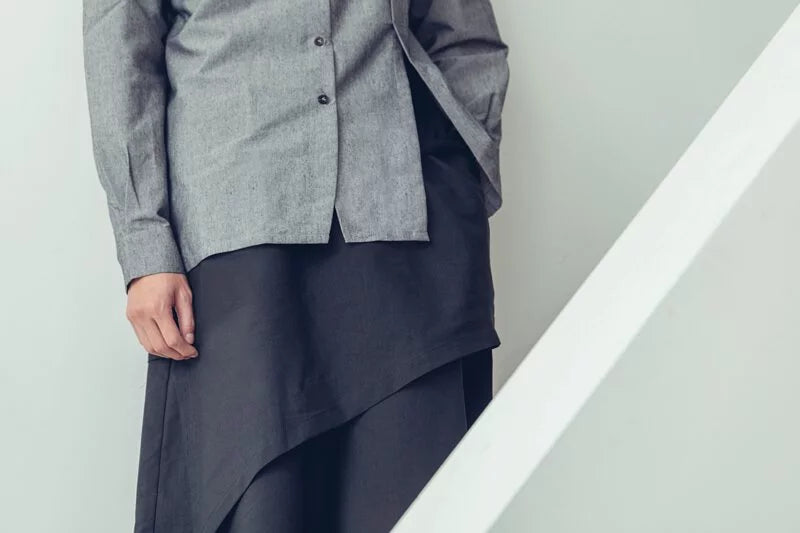 Mirror Reflection Asymmetrical Stand Collar Shirt (Black/Grey) Organic Cotton & Recycle