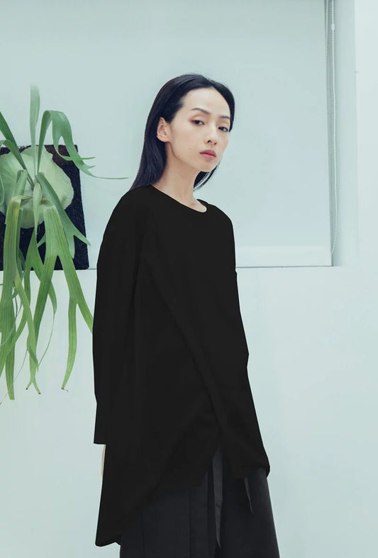 共生 剪裁長袖上衣(黑/白) Organic Cotton