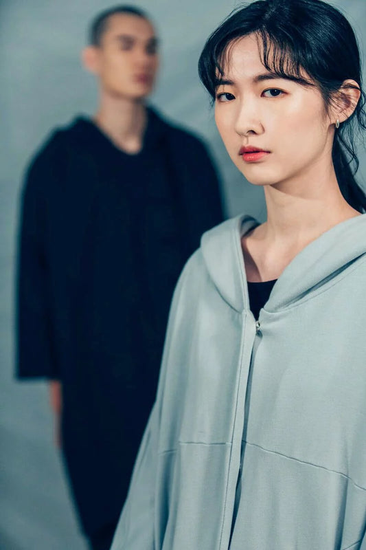 交錯 連帽長版大衣 (灰) Organic Cotton